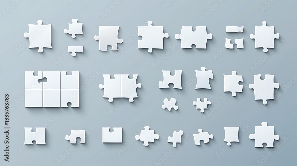 Fototapeta premium White puzzle pieces on gray background.