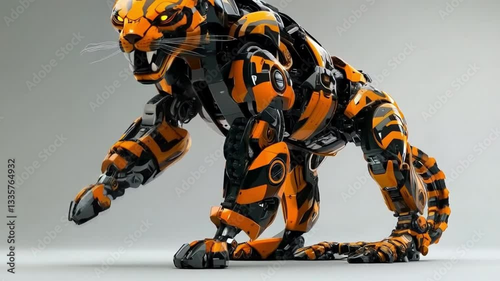 The mecha tiger stood poised against a stark white background, its metallic body gleaming with intricate details and vibrant accents. The mecha tiger stood poised against a stark white background, its metallic body gleaming with intricate details and vibrant accents.