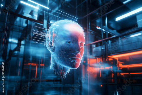 Wallpaper Mural A futuristic digital representation of a human head, showcasing advanced technology and a blend of blue and red lights in a high-tech environment. Torontodigital.ca