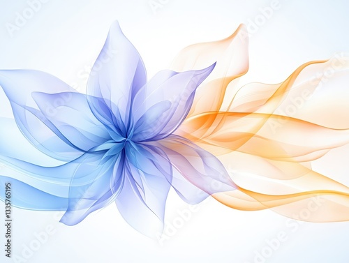 Abstract floral design with flowing blue and orange shapes on a light background