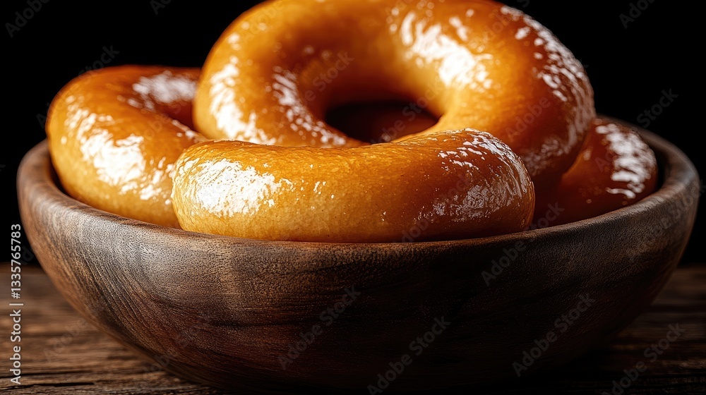 Sweet, glazed doughnuts in a wooden bowl Sweet, glazed doughnuts in a wooden bowl
