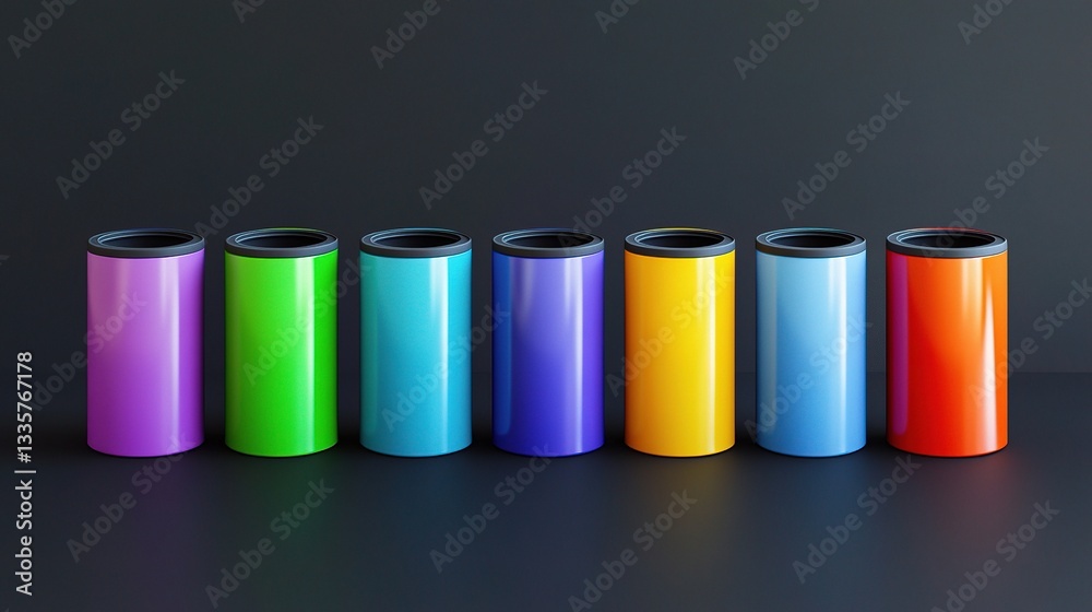 Colorful Array of Cans: A vibrant collection of brightly colored drink cans is neatly arranged against a plain background, perfect for use as a template. Colorful Array of Cans: A vibrant collection of brightly colored drink cans is neatly arranged against a plain background, perfect for use as a template.