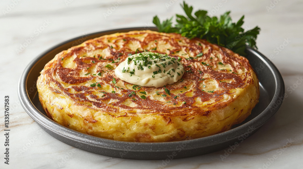 Golden Spanish tortilla with creamy topping and parsley garnish on plate Golden Spanish tortilla with creamy topping and parsley garnish on plate