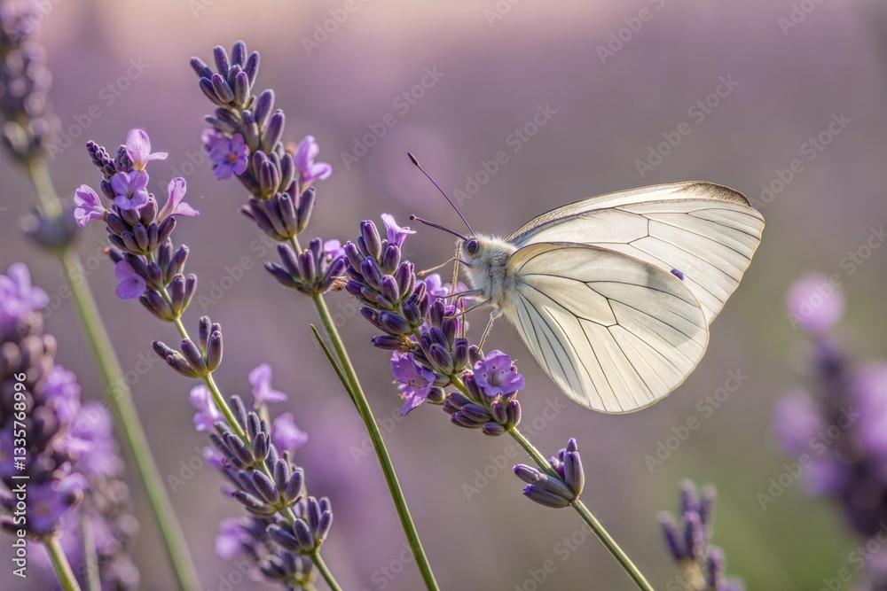 Naklejka premium White butterfly perched on lavender flowers in a macro photo