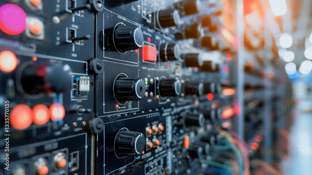 Fototapeta premium Industrial Technology: Exploring the complexities of an industrial control panel with its array of buttons and knobs, designed to regulate machinery and equipment.