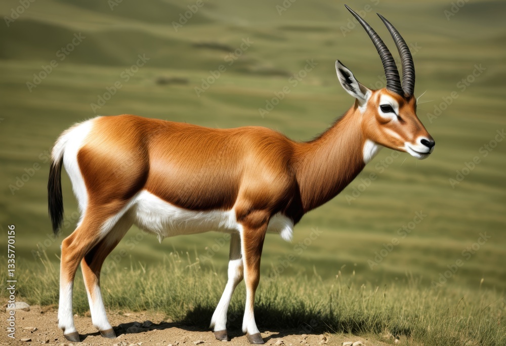 There is a gazelle standing on the mountain in the background, a meadow There is a gazelle standing on the mountain in the background, a meadow