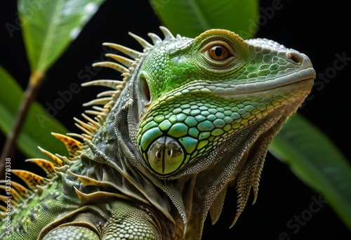 There's a green iguana sitting on a branch