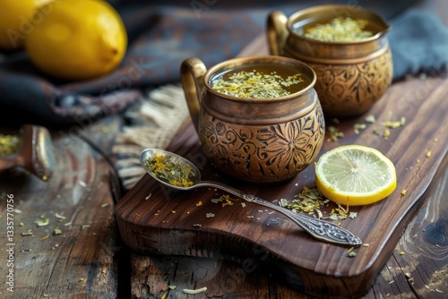 Ultra Quality Image of Mate Tea with Lemon on Wooden Board