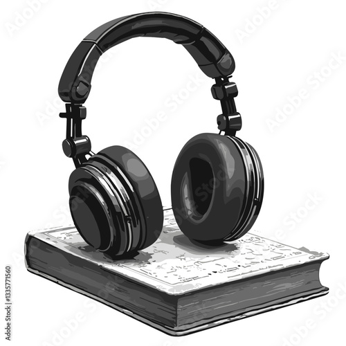Headphones resting on a book, symbolizing knowledge and music, black and white illustration with copy space