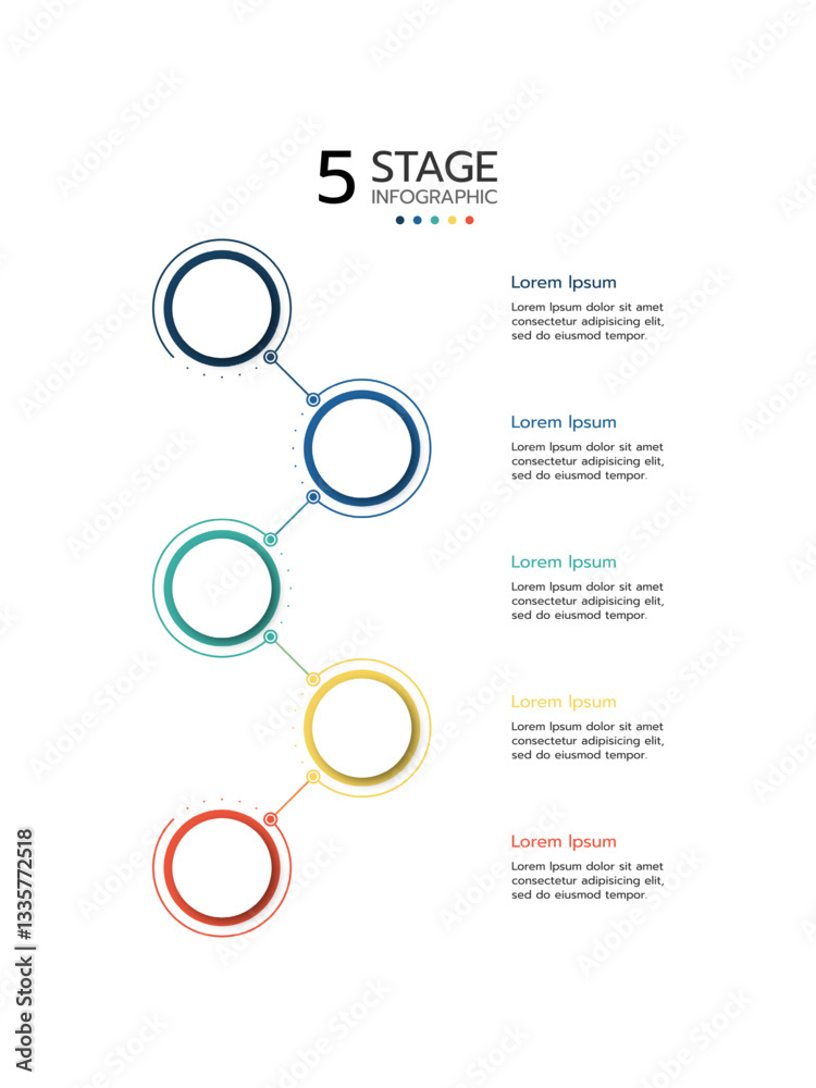 5 Circular elements placed in vertical row. Concept of 5 successive steps of project development process. Flat infographic design template. Simple vector illustration for business analytics. 5 Circular elements placed in vertical row. Concept of 5 successive steps of project development process. Flat infographic design template. Simple vector illustration for business analytics.