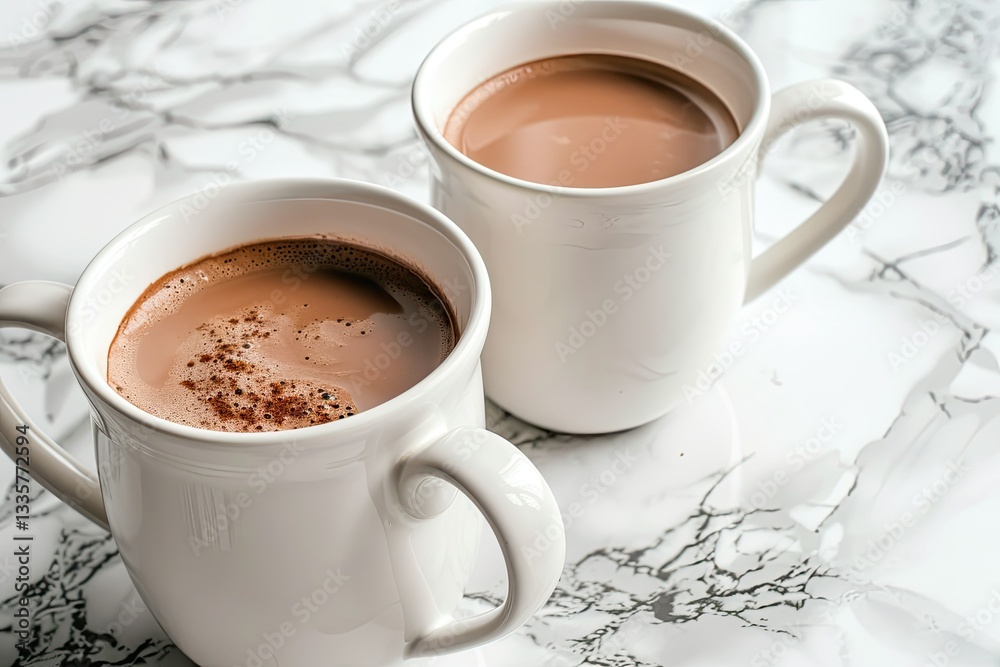 Vibrant Picture of White Ceramic Cups of Hot Cocoa on Top of White Marble Background Vibrant Picture of White Ceramic Cups of Hot Cocoa on Top of White Marble Background