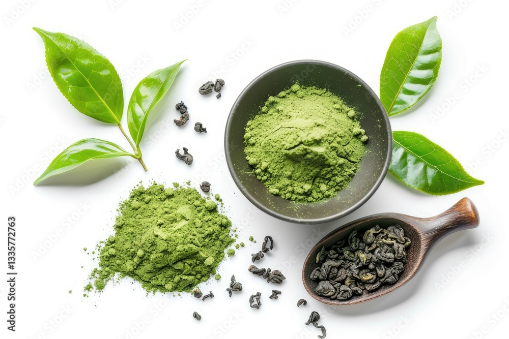 Dry Green Tea with Green Tea Leaves and Powder Matcha Green Tea in Bowl, Isolated on White Dry Green Tea with Green Tea Leaves and Powder Matcha Green Tea in Bowl, Isolated on White