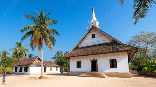 Traditional Laotian Temple Building with Palm Trees against Vibrant Blue Sky on Bright Sunny Day