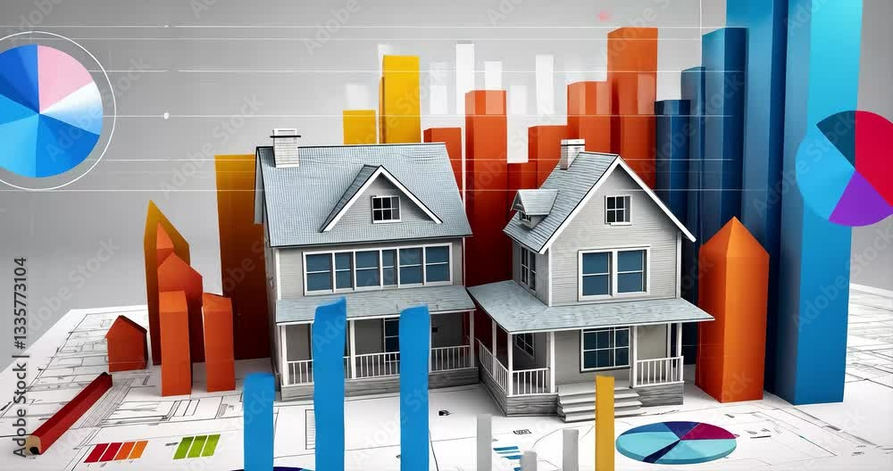 Real Estate Investment Analysis; model houses on architectural blueprints with graphs and charts