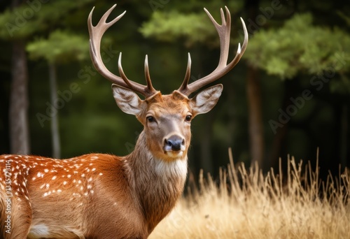 There's a deer that stands in the grass with its antlers