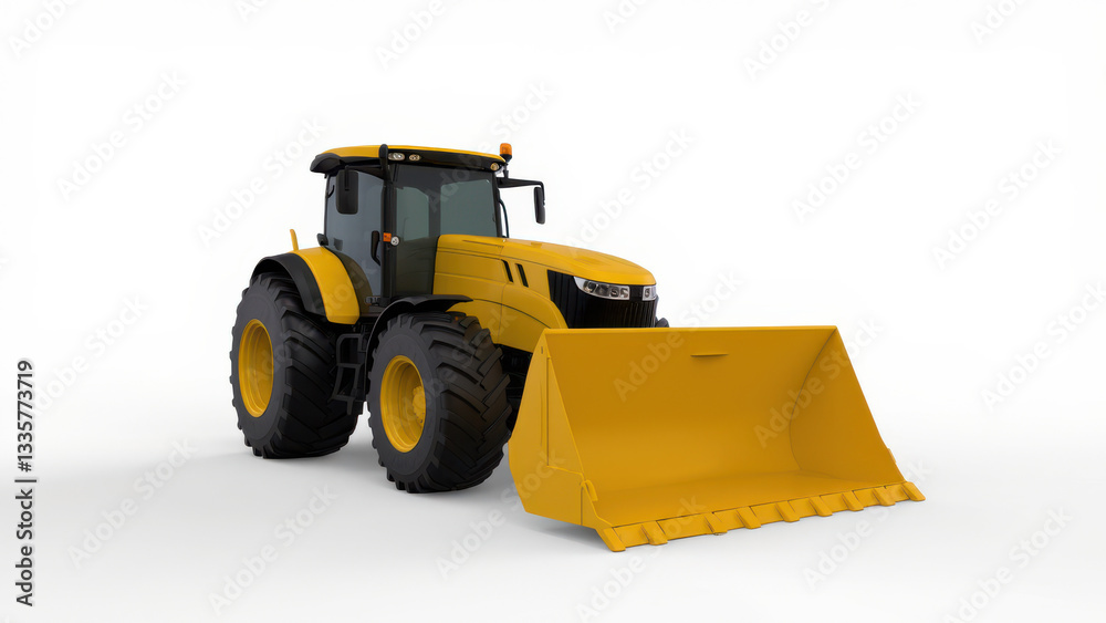 Fototapeta premium Yellow tractor with a large front loader on a white background, showcasing modern agricultural machinery