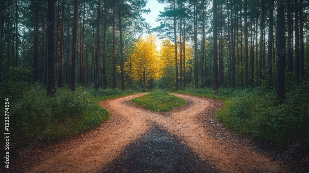 Naklejka premium Two paths diverging in a forest. Sunlight filters through the trees