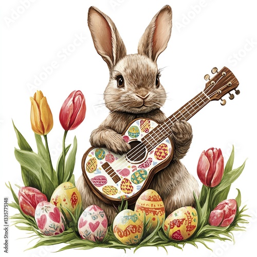 A charming bunny plays guitar among colorful Easter eggs and blooming tulips.