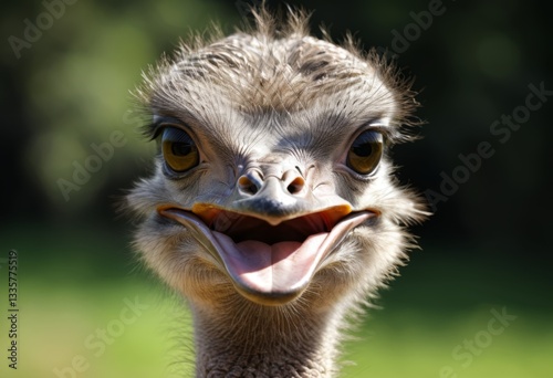 There's a close-up of an ostrich-faced laughing