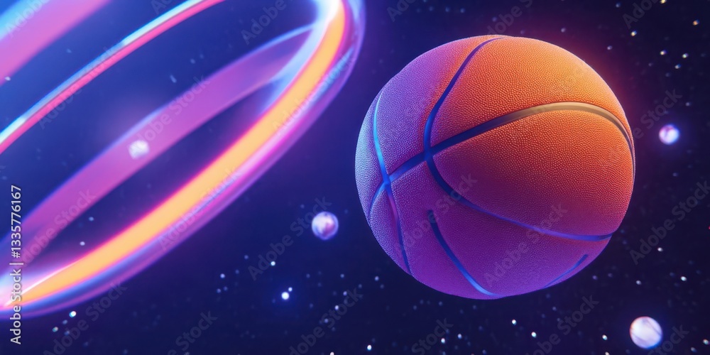 Fototapeta premium A vibrant basketball floating in a cosmic scene with colorful rings and distant planets