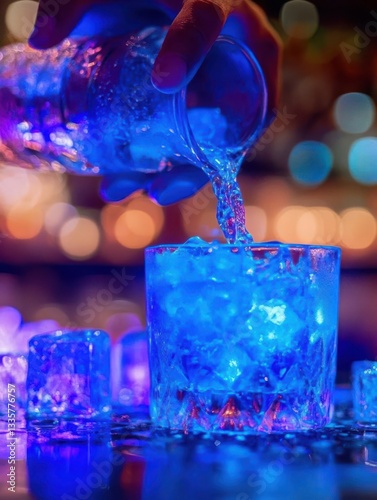 A hand pouring a refreshing drink over ice in a vibrant bar with colorful lights in the background