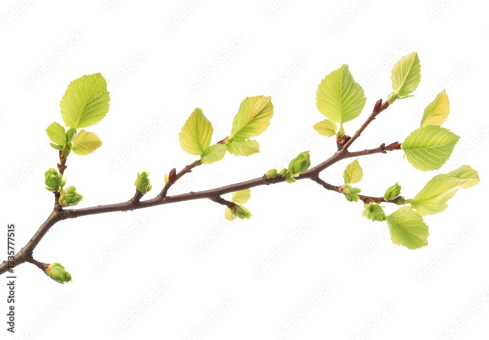 Spring branch with young leaves and buds emerging