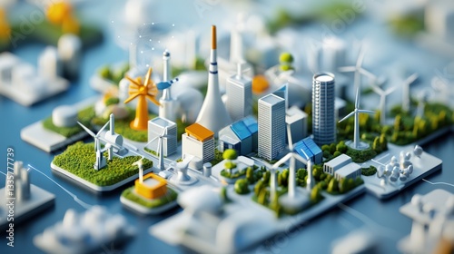 A 3D infographic comparing industrial energy to clean energy advancements