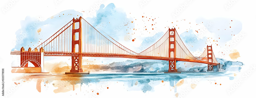 Golden Gate Bridge watercolor, bay, travel