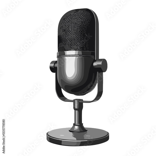 Classic microphone on a stand, symbolizing audio recording and communication, black and white illustration with copy space
