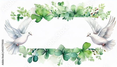 A delicate watercolor frame featuring white doves gracefully flying among lush green clovers
