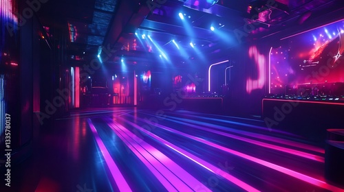 Futuristic nightclub with holographic lights a striped spectrum dance floor and a DJ mixing techno music Neon 90s vibes fill the air