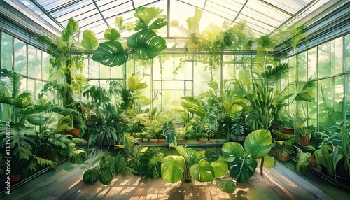 A lush botanical greenhouse filled with various tropical houseplants
