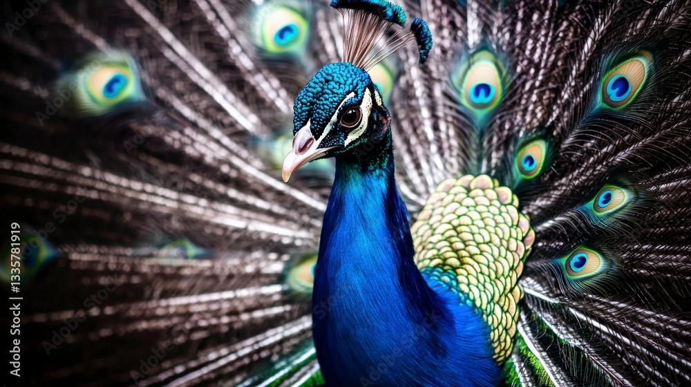 Obraz premium Majestic Peacock Vibrant Plumage Detailed Portrait Wildlife Photography