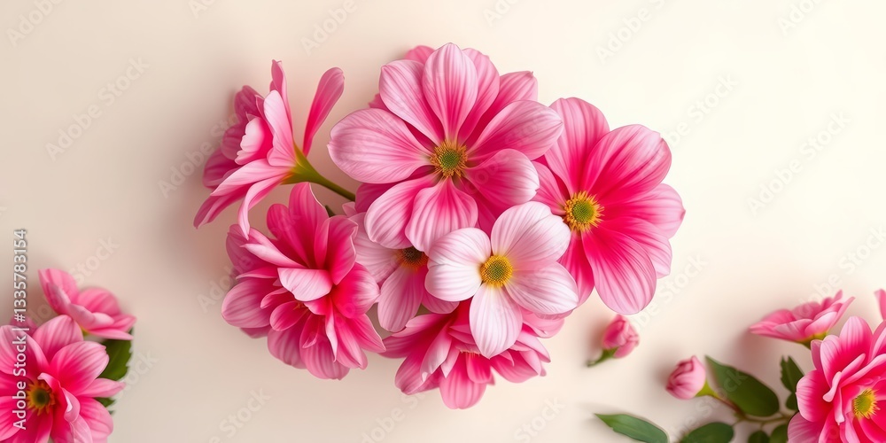 Fototapeta premium Overhead shot of pink flowers arranged on pastel background , overhead view, pretty