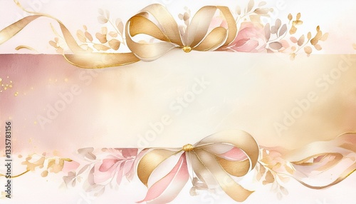 A romantic watercolor ribbon frame featuring hand-painted golden beige and dusty rose ribbon