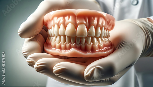 Wallpaper Mural A pair of artificial dentures is carefully held by gloved hands, showcasing the precision and craftsmanship of modern dental prosthetics. The dentures feature a natural-looking gum structure. Torontodigital.ca