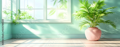Sunny room, plant, window,  pastel decor