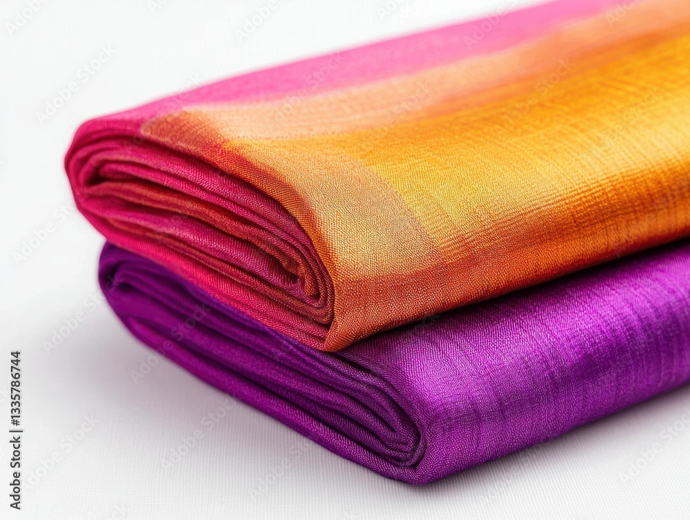 Vibrant silk fabric in orange, pink, and purple shades neatly folded on white background Vibrant silk fabric in orange, pink, and purple shades neatly folded on white background