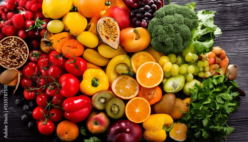 Assortment of fresh organic fruits and vegetables in rainbow colors