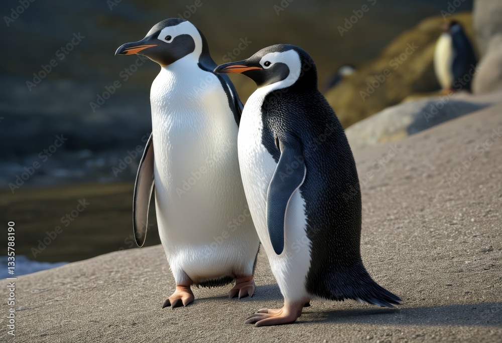 Fototapeta premium Two penguins stand side by side on the beach