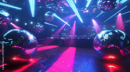 High energy dance club with multiple disco balls flashing strobe lights and a DJ creating an electrifying party experience