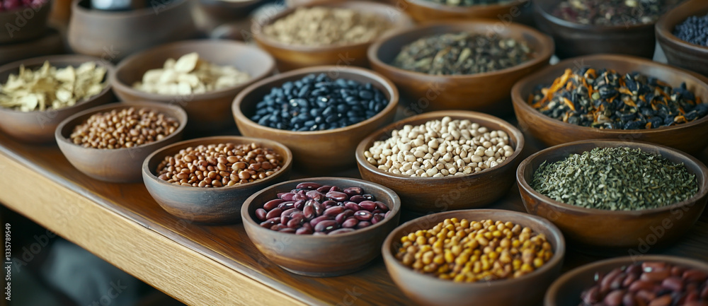 Fototapeta premium A variety of beans, legumes, and grains in wooden bowls on display at the market