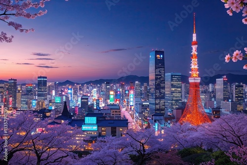 Radiant Japanese Evening City Skyline with Shimmering Neon Decorations and Towering Architecture Amid Delicate Sakura Blooms