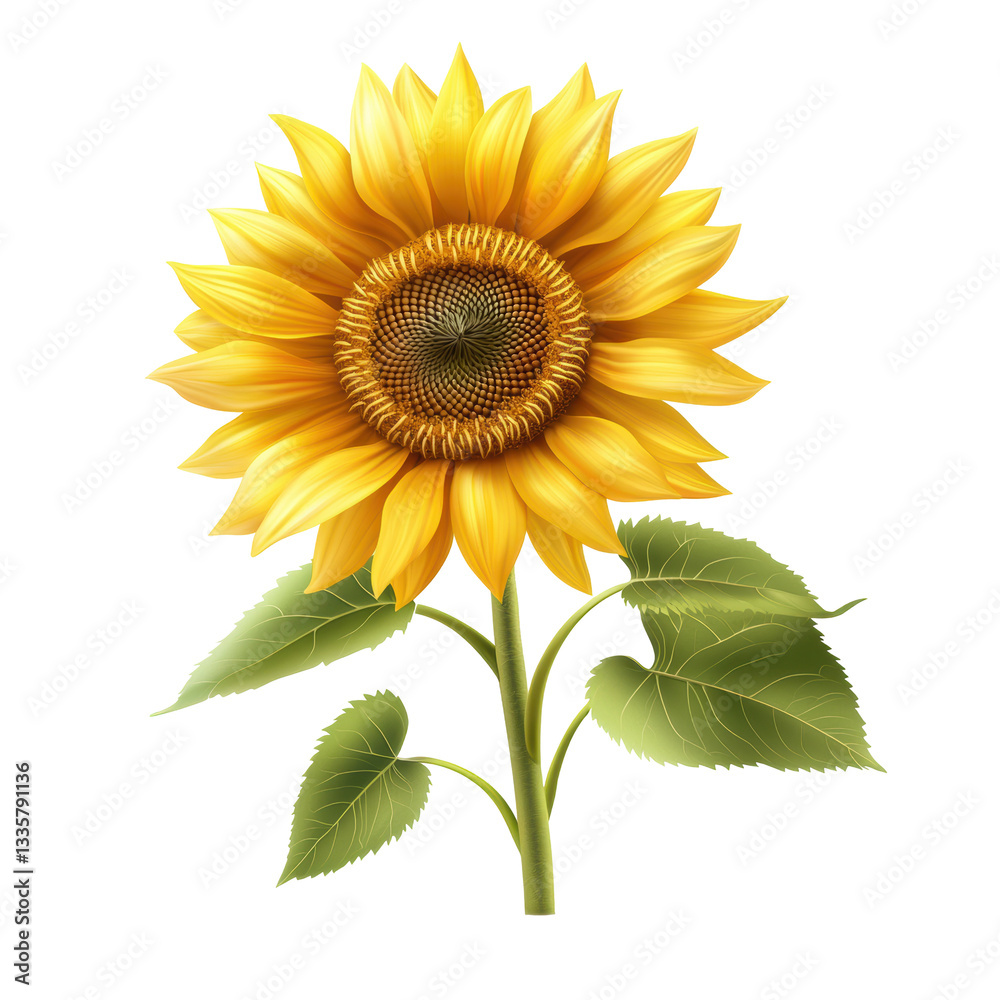 Obraz premium A vibrant sunflower with bright yellow petals and green leaves, showcasing its distinctive shape and texture.