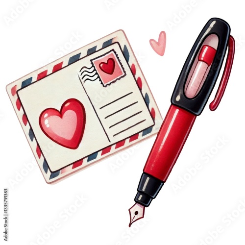 Valentine 90's concept. A colorful illustration of a letter with a heart and a fountain pen, symbolizing love and communication.