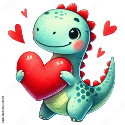 Valentine dinosaur concept. A cute, cartoon dinosaur holding a red heart, surrounded by small hearts, conveying a sense of love and affection.