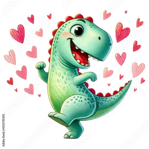 Valentine dinosaur concept. A cheerful cartoon dinosaur surrounded by hearts, exuding joy and playfulness.
