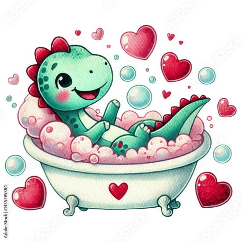 Valentine dinosaur concept. A cute dinosaur enjoying a bubble bath in a heart-adorned tub, surrounded by hearts and bubbles, evoking a playful and whimsical atmosphere.