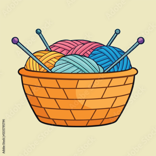 Basket of colorful yarn balls with knitting needles