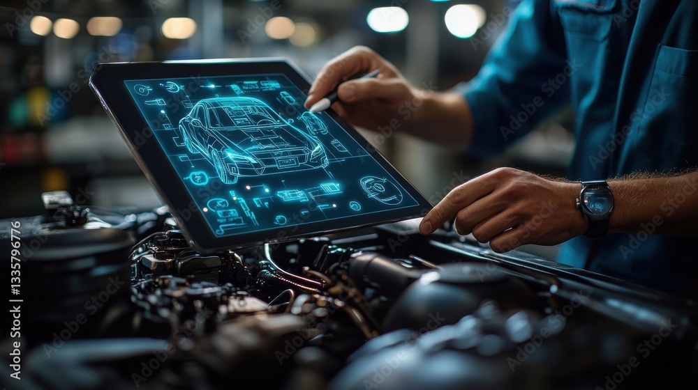 Obraz premium Mechanic Using Tablet to Monitor Car Diagnostics in Workshop